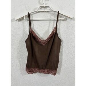 Y2K Style Cami Shirt Womens XS Brown Pink Lace Trim Ribbed Tank Top Camisole